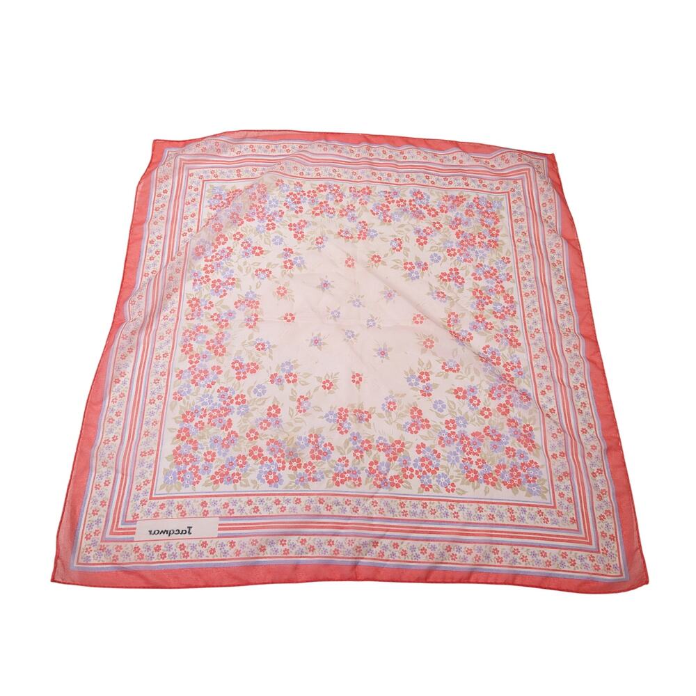 Vintage 70s Scarf Coral Pink Lavender Floral Stripe Floral Print Square - Picture 10 of 10